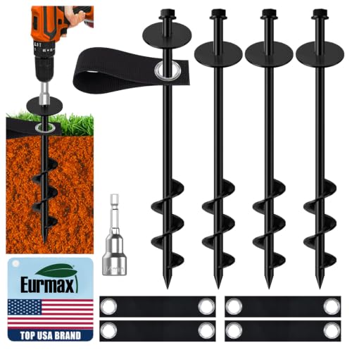 Eurmax USA 4 Pack Universal Ground Anchors High Wind Heavy Duty Screw-in Trampoline Stakes with 4 Straps Upgraded Commercial Anchor Kit for Outdoor Sheds Swing Sets & Mobile Homes (Black)