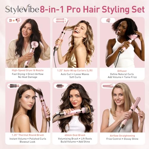 Image of Mythsight StyleVibe Dual Voltage 8-in-1 Air Styler with Diffuser Hair Dryer, Auto Curlers (L /R), Straightener Brush, Travel Adapter & Case for Fast Drying, Frizz-Free Volume & Smooth Blowouts Styles