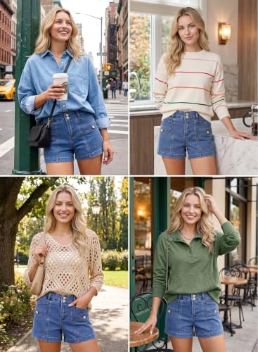 Image of Astylish Women's High Waisted Stretchy Jean Shorts Trendy Denim Shorts