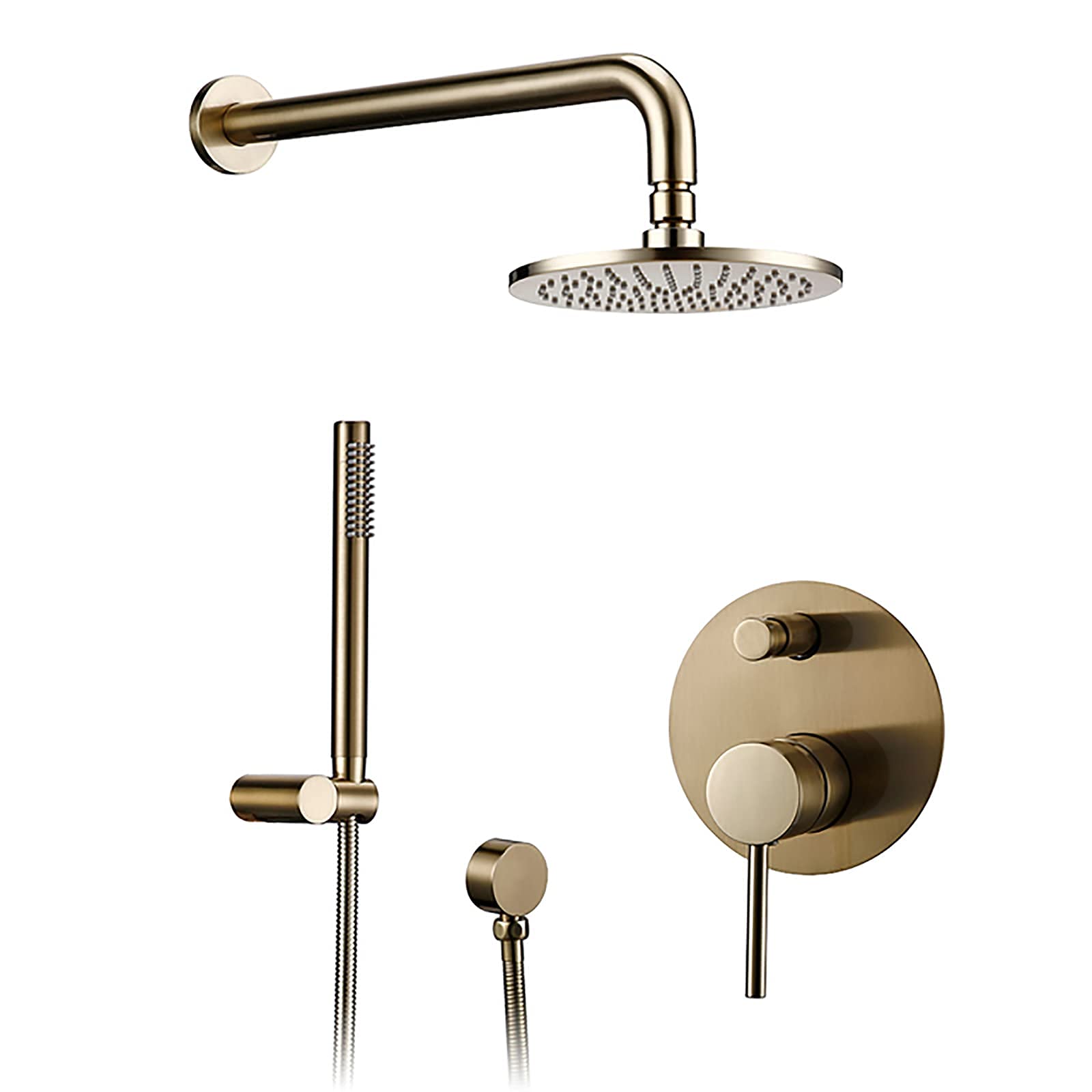Zestaw prysznicowy Brushed Gold z baterią prysznicową do zabudowy, słuchawką natryskową i deszczownicą, zestaw prysznicowy z jedną rączką, zestaw wykończeniowy do wanny i prysznica, 2 funkcje (8 cal
