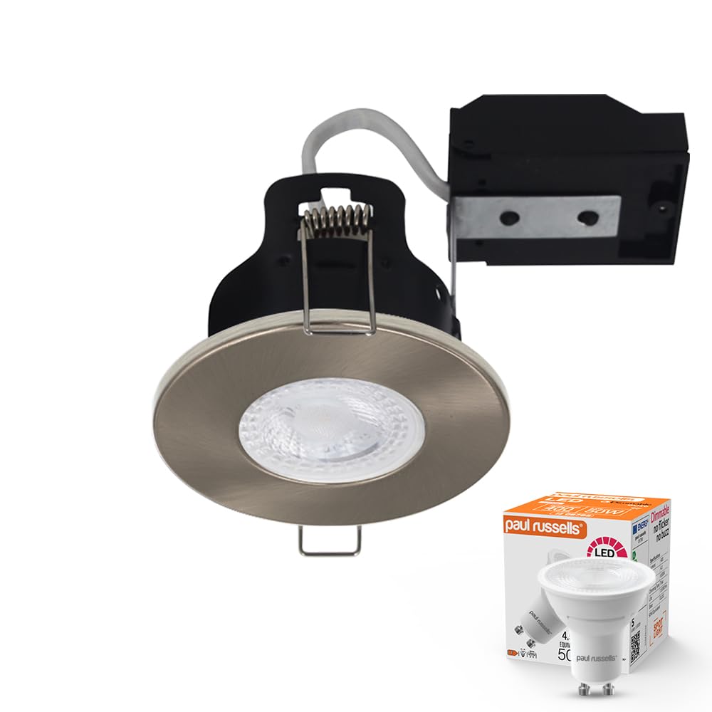 paul russells Dimmable LED Downlights Recessed Ceiling Lights, Fire Rated GU10 Spotlights Can, 65-70mm, IP65, 4.5W = 50W Equivalent, Satin Nickel Bezel, Include 6500K Daylight White Bulb, 1 Pack