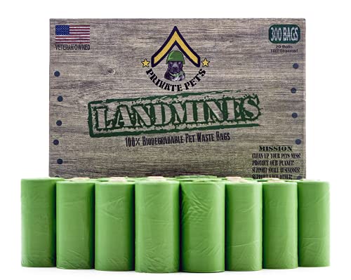 Private Pets Landmines! Biodegradable Dog Poop Bags and Dog Poop Bag Dispenser. 300 Doggy Poop Bags, Biodegradable Dog Poop Bag Holder for Leash. Durable, Large Unscented Doggie Bags, Pet Waste Bags