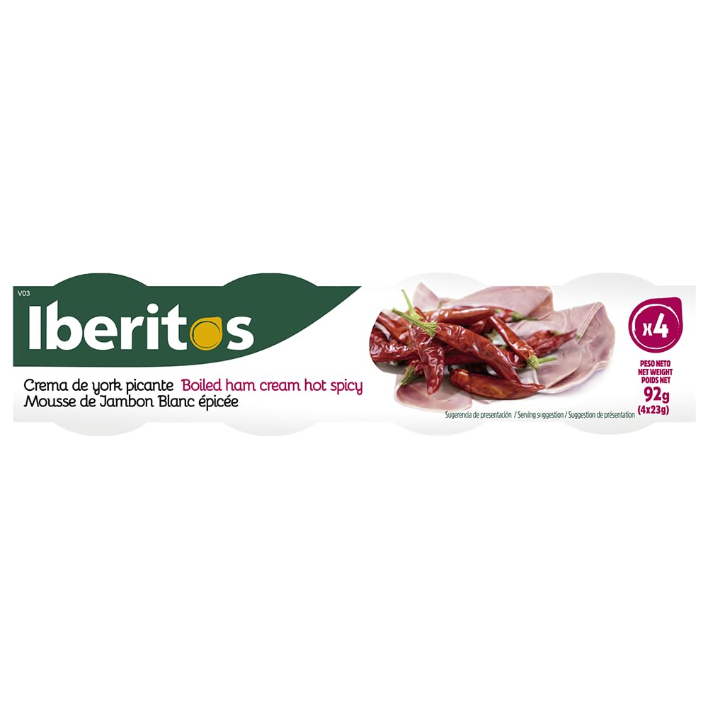 Iberitos - Crema Untable de Jamón de York Picante - Ideal para Untar Tostadas, Pan y Crackers - Ingredientes Selectos - Sin Gluten - Producto Fabricado en España - 16 Packs de 4 x 23 Gramos