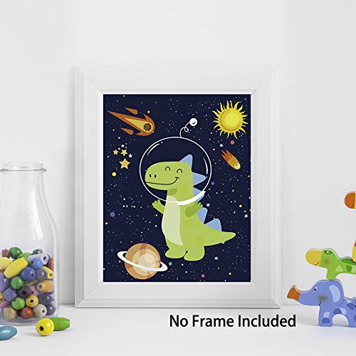 Kairne Dinosaur Outer Space Art Print, Solar System Planet Canvas Poster,Set Of 4 (8X10Inch,Unframed) Animal Astronaut Wall Art For Kid Room Decor #TOP4