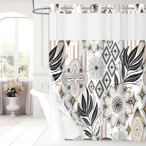 MitoVilla No Hooks Needed Boho Floral Shower Curtain Set with Snap-in Liner, Modern Abstract Flower Fabric Cloth Shower Curtain for Rustic Vintage Hotel Spa Bathroom Decor, 72 x 74