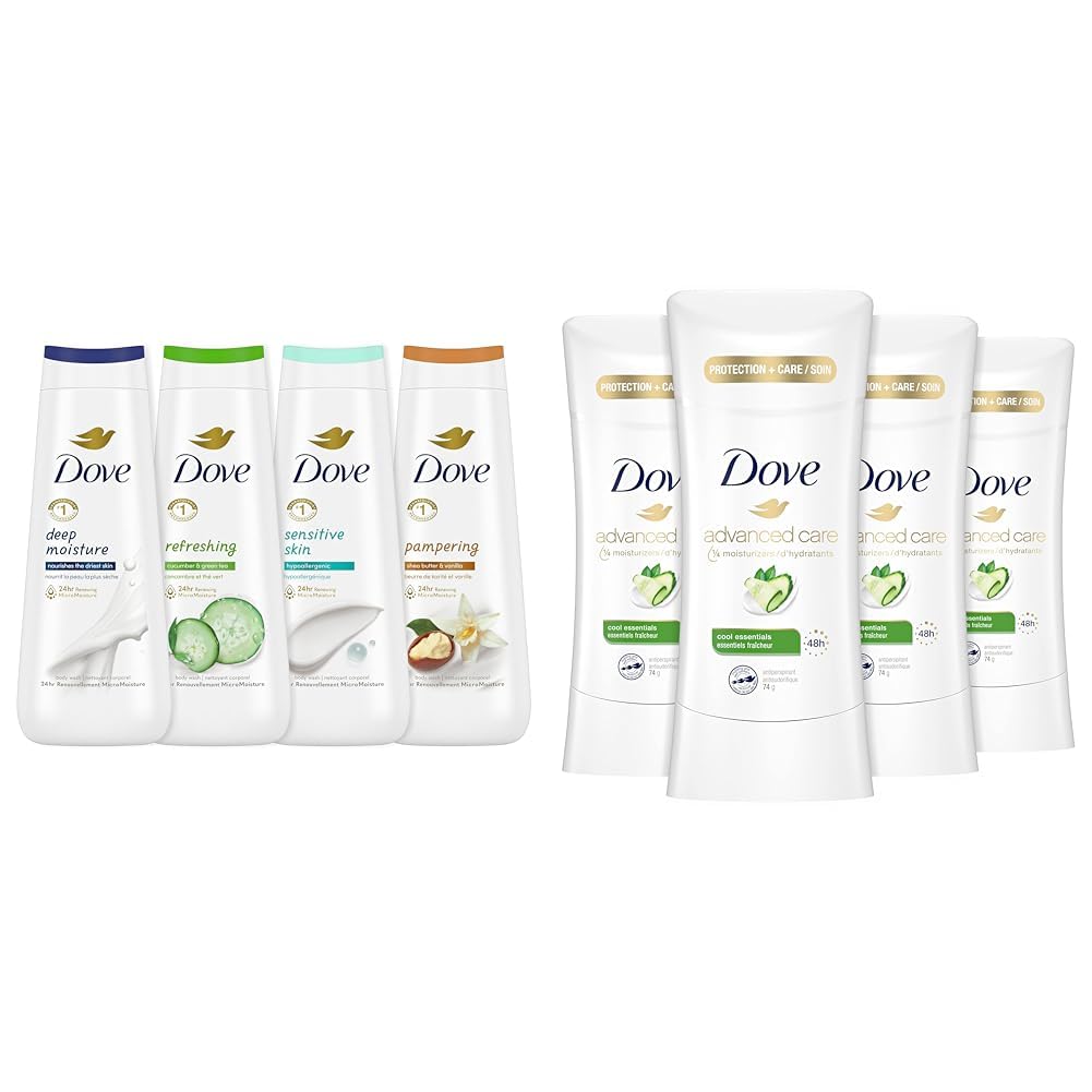 Dove Body Wash 4 Count Skin Cleanser Collection with MicroMoisture and Antiperspirant Deodorant Cool Essentials Pack of 4