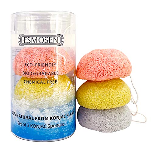 ESMOSEN 3PCS Natural Konjac Facial Sponges for Gentle Face Cleansing and Exfoliation, Round-Shape Konjac Daily Detoxifying Face Scrub