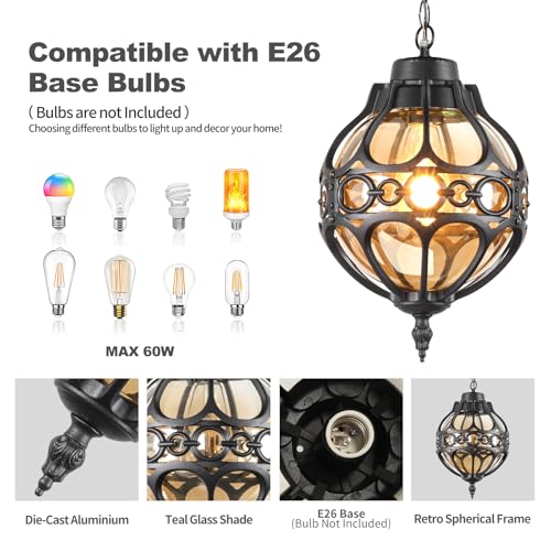 Dusk to Dawn Outdoor Pendant Lighting for Porch, Black Aluminum Anti-Rust Hanging Lights Fixture, Adjustable Globe Outside Lantern Ceiling Mount, Industrial Exterior Chandelier, Amber Glass