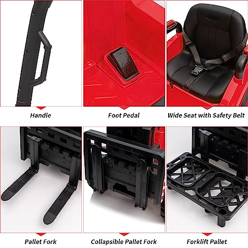 Garvee 12V Electric Ride on Forklift Car with Remote Control, Ride on Car with Liftable Fork and Pallet, High/Low Variable Speed, Music, USB, MP3, and Low-Power Alarm for Boys and Girls(with Tent,Red)