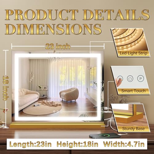 Image of ROLOVE Gold Vanity Mirror with Lights 23x18 Inch, 3-Color Dimmable LED & Touch Control - Large Makeup Mirror for Dressing Room (Wall /Tabletop Mount)