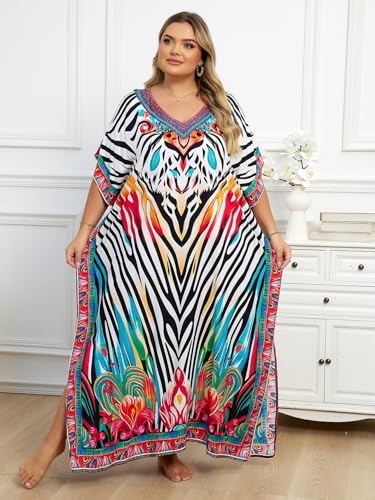 Image of KECVOT Kaftan Dresses for Women V-Neck Print Swimsuit Cover Up Plus Size Beach Caftan Lounge Dress