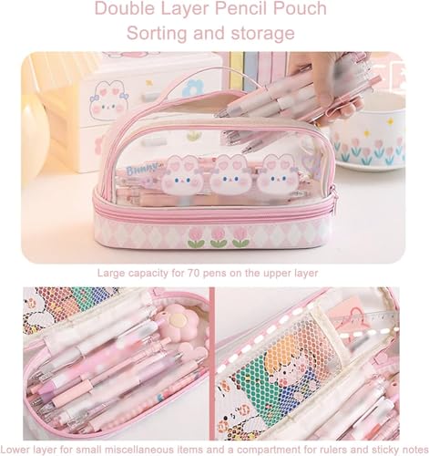 Qcwwy Large Capacity Transparent Pencil Case Bag, Waterproof Cartoon Cute Stationary Bag with Zipper - Image 3