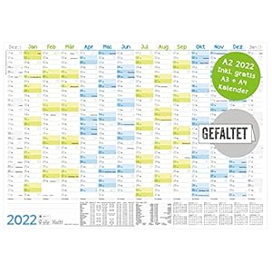 Wandkalender 2022 A2 (59 x 42 cm) gevouwen [blauw-groen] voor 14 maanden december 2021 – Jan 2023 | wandplanner met…