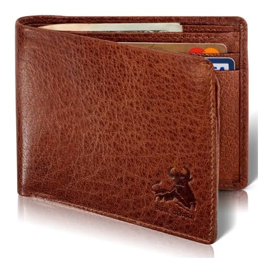 RFID Bifold Leather Wallet For Men with Flip Up ID in Vintage Buffalo Brown
