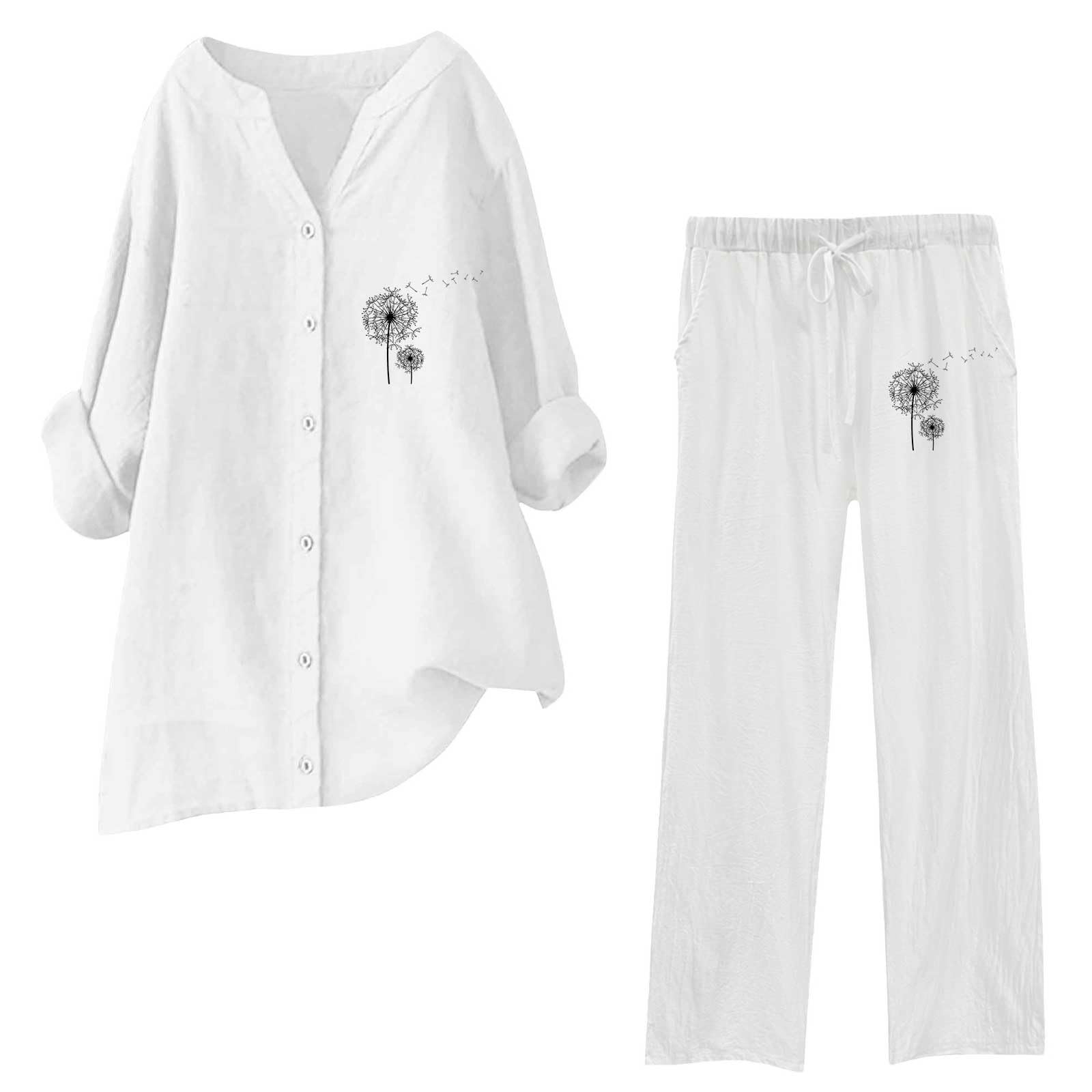 Ensemble Femme Pantalon Large Et Haut Tunique Longue Linen Sets Chic Elegant Chemise Vetement Grande Taille Homewear Tshirt Lin Ete Fluide Blanc Tenue D'intérieur Pull En Femmes