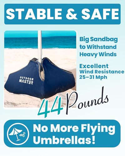Image of OutdoorMaster Beach Umbrellas for Sand with Sandbag & Anchor, 6.5ft Adjustable Umbrella for Beach Heavy Duty Wind, Portable UPF50+ Sunshade with Carry Bag for Patio, Navy Striped