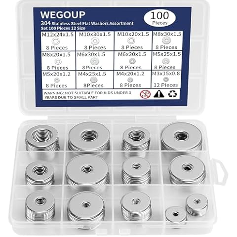 18-8(304) Stainless Steel Fender Washers, Flat Washers for Screws and Bolts, 100 Pieces Metal Washers Kit (12 Sizes M3-M12), Assorted Large and Small Hardware Washers Set for Home and Industrial Use Cover