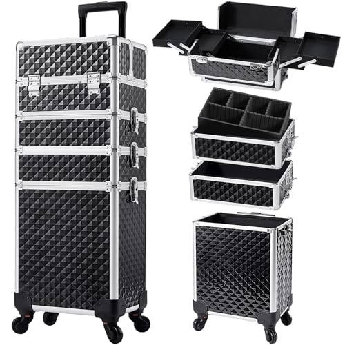Stagiant Rolling Makeup Train Case in black, featuring diamond-patterned exterior, multiple drawers, and compartments for organized cosmetic storage, designed for travel and professional use.