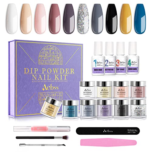 21Pcs Dip Powder Nail Kit - Aubss 10 Colors Dip Nail Kit, Neutral Skin Tone Dipping Powder Colors Kit, Dip Powder for French Nail Art Nail Manicure Kit Salon DIY Home, No Nail Lamp Needed