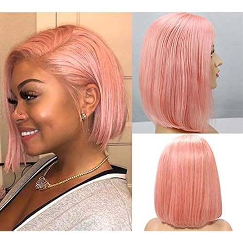 Pink Lace Front Bob Wigs 16inch 180% Density Gluless Human Hair Swiss Lace Wig 13×4 Lace Frontal Middle Part Straight Preplucked Colored Bob Short Cut for Black Women (Could be Retyled)