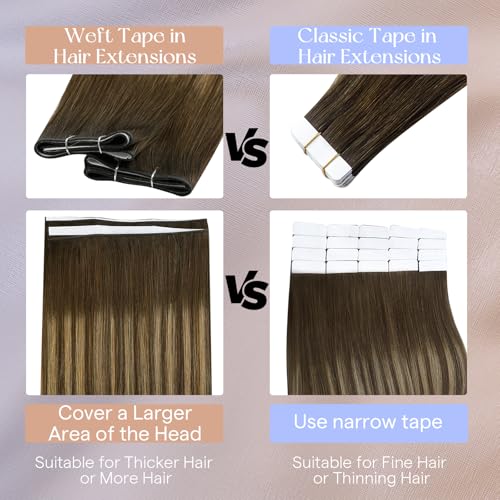 Image of Full Shine Tape in Weft Hair Extensions Human Hair, 24 Inch 50g | Brown to Caramel Blonde Balayage Highlights, Seamless Blend Double Sided Tape Hair Extensions, Natural Length for Short Hair