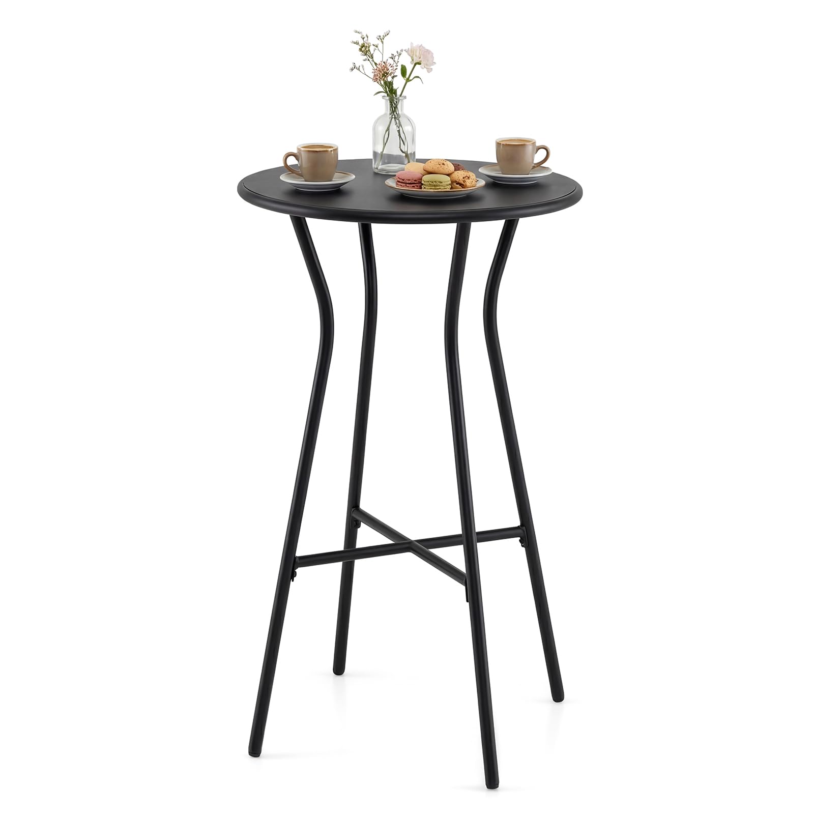 Table de bar haute ronde Ø55,5 cm avec cadre en métal robuste de bistrot pour intérieur et extérieur