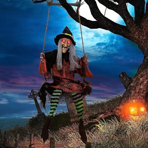 Image of 51" Halloween Hanging Witch Decoration, Halloween Spooky Hanging Swing Witch Prop for Halloween Outdoor, Lawn, Yard, Patio Decoration, Halloween Haunted House Decorations