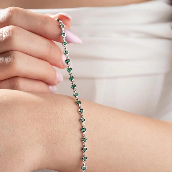 Image of Zarkan 925 Hallmark Silver Little Green Heart Bracelet |Authentic and Certified | Beautiful Gift for loved ones