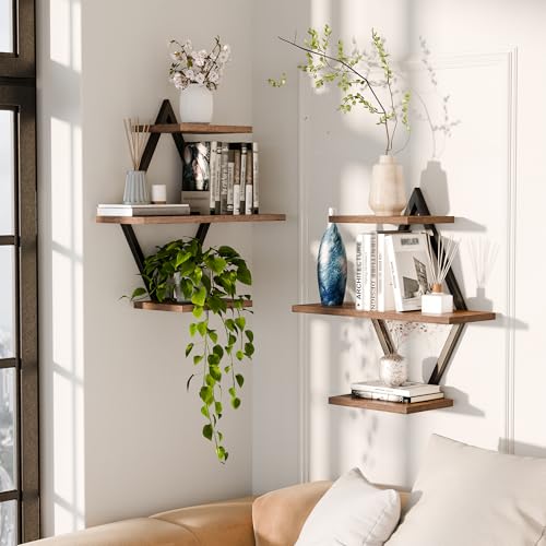 Image of Floating Shelves, Wall Shelf Set of 2, Wall Mounted Shelves, 3-Tier Hanging Wall Shelves for Bathroom, Living Room, Bedroom, Kitchen, Office (Rustic Brown)
