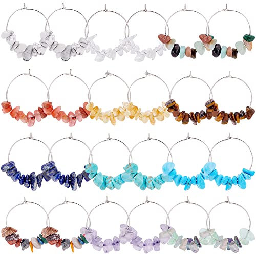 BENECREAT 24 Sets Natural Gemstone Bead Wine Glass Charms, Drink Markers Tags with 12 Styles Stone Beads and Hoop Earrings for Cocktail Champagne Party Favors Decoration