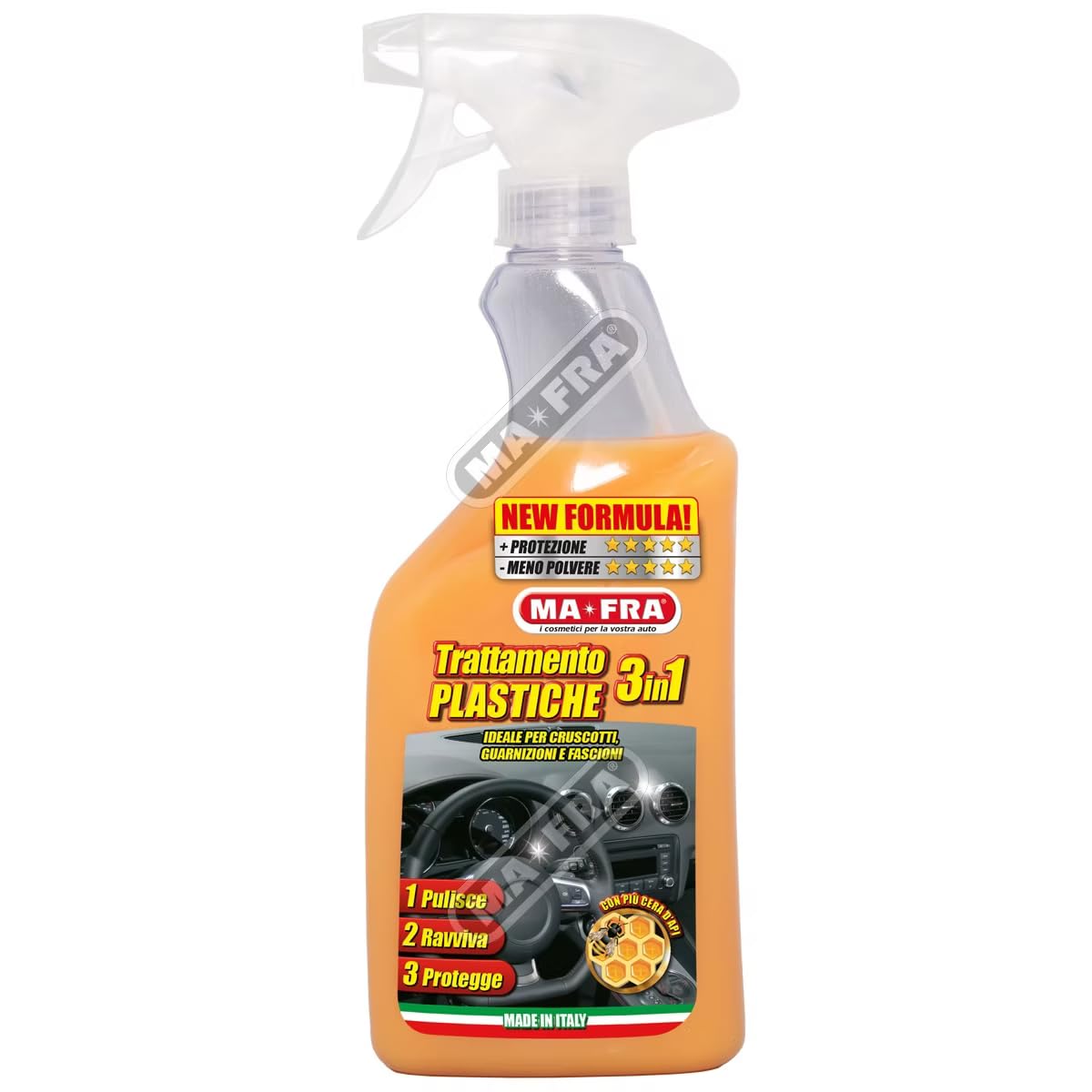 Ma-Fra Trattamento 3in1 Plastiche, Pulisce, Ravviva e Protegge Parti Interne dell'Auto, Ideale per Cruscotti e Guarnizioni, Crea Barriera Anti Raggi UV, Rallenta Formazione di Polvere, Formato 500ml