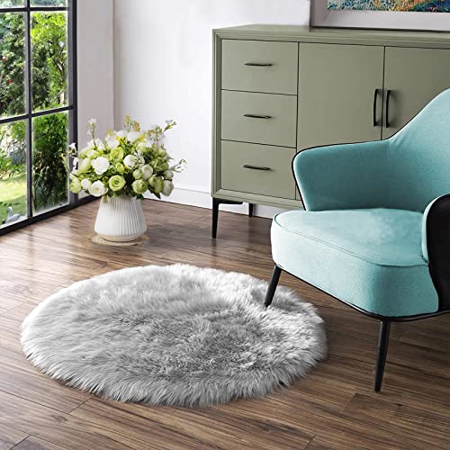 Latepis Grey Area Round Area 5ft Circle Fur Rug for Living Room Bedroom Rugs Faux Sheepskin Rug Washable Fluffy Plush Furry Rugs Home Deocr