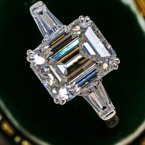 4ct Moissanite Engagement Rings for Women,3 Stone Square D Color VVS1 18K White Gold Plated 925 Sterling Silver, Cut Lab Created Diamond Wedding Promise Jewelry4