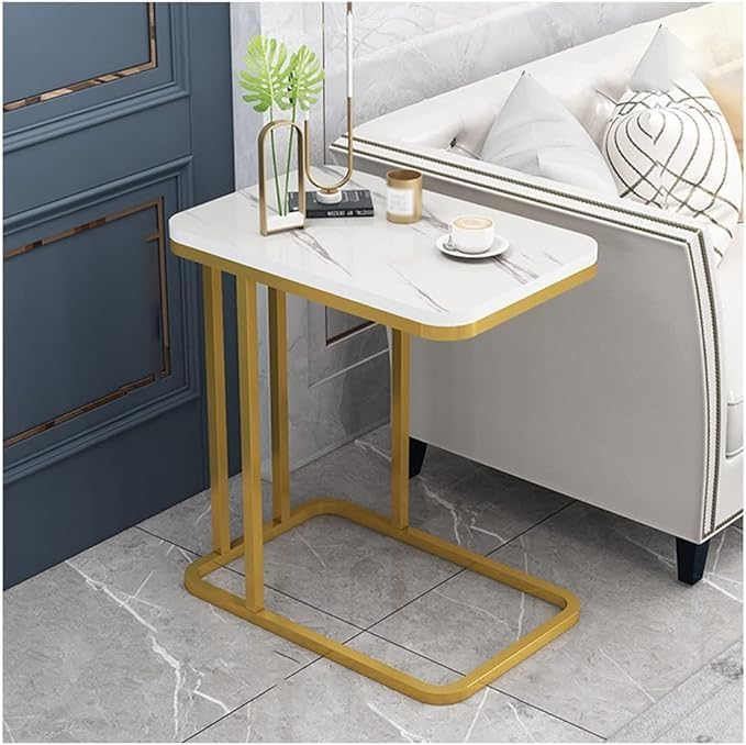 Modern Accent End Table with MDF Top Marble Look Sofa Tea Table Apartments Slim C-Shaped Side Table with Metal Frame for Bedroom and Living Room Accent Coffee End Table (Gold White)-image-43