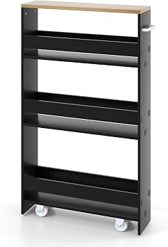 4 Tier Slim Storage Cart, Mobile Shelving Unit Organizer with Wheels & Handle, Rolling Utility Cart for Kitchen Bathroom Laundry Narrow Places, Space Saving