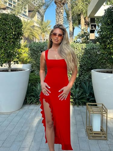 Image of BORIFLORS Women's Sexy Bodycon High Slit Maxi Dresses Square Neck Sleeveless Ruffle Hem Cocktail Party Long Dress