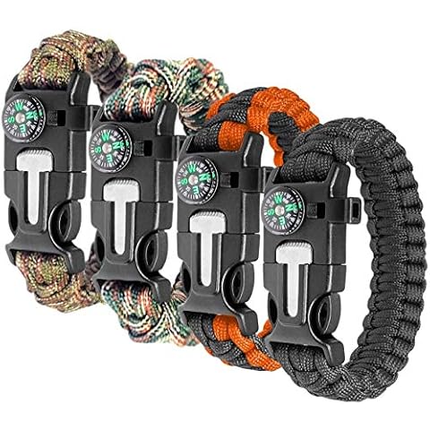 Ember Rock Paracord Survival Bracelet - 4 Pack Survival Kit Firestarter Bracelets - Includes Compass, Flint, Whistle and Parachute Cord Cover