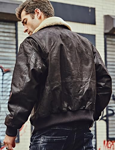 Image of FLAVOR Men's Real Leather Bomber Jacket with Removable Fur Collar Aviator