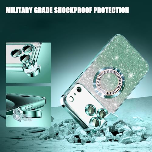 Image of Misscase for iPhone 17 Pro Magnetic Glitter Case Compatible with MagSafe,Full Protection Slim Shockproof Anti-Scratch Case with Camera Lens Protector Plating Bling Dust-Proof Net Green