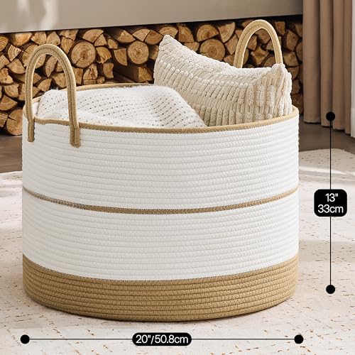 Image of KAKAMAY Cotton Rope Storage Basket (20 inchx13 inch),Woven Blanket Baskets for Toys,Pillows,Clothes,Sturdy Handles Decorative Basket for Living Room, Bedroom,Nursery(Brown /Black)