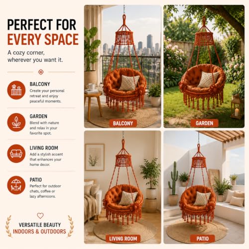 Image of Premium King Size Hammock Chair Swing with Cushion, 200kg Capacity | Indoor Outdoor Heavy Duty Adults & Kids Hanging Jhula for Home, Garden, Patio & Balcony | 1 Yr Warranty (Rust Orange)