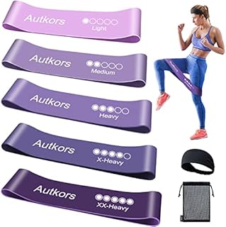 Autkors Resistance Bands, [Set of 5] Skin-Friendly Fitness Exercise Loop Bands with Sports Headband and Carrying Case - 5 Different Resistance Levels for Yoga, Home, Strength Training