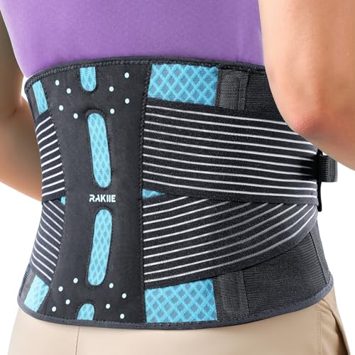 Image of Rakiie Slim Back Brace for Lower Back Pain Relief, Lightweight & Breathable Back Support Brace for Men Women, Ergonomic Light Lumbar Support for Everyday Wear, Sky Blue M | Breathable Lightweight Design, Ergonomic Support, Relieves Lower Back Pain, Everyday Wear, Fits Men /Women, Blue, M