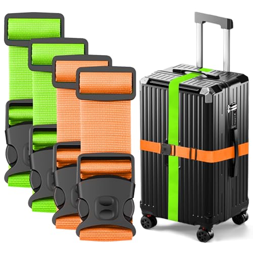 Image of BILIONE Luggage Straps Adjustable Suitcase Belt, Lockable Against Accidental Opening, Easy to Identify Travel Accessories, Add a Bag Connector Holds Suitcase (Vibrant Orange + Green, 4 Pack)