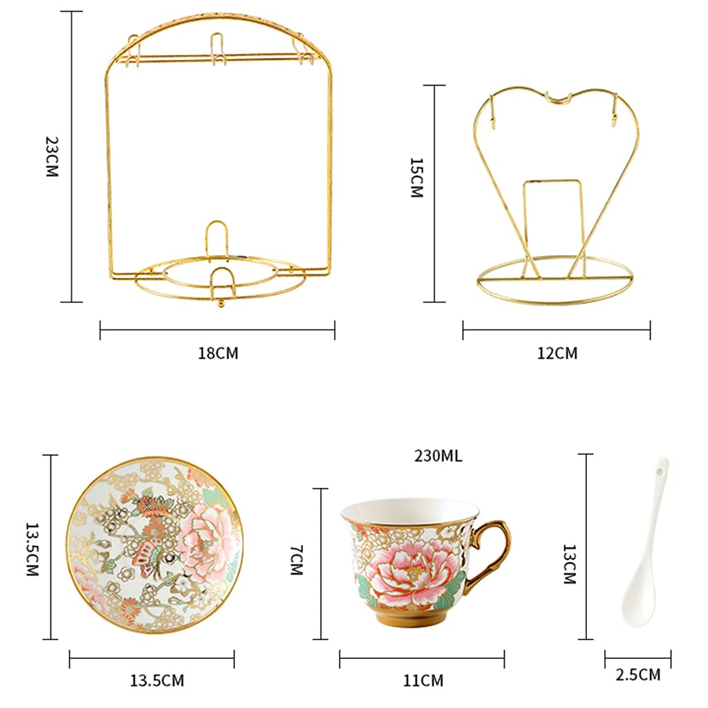 Zestaw filiżanek do herbaty Zestaw filiżanek do herbaty z porcelany kostnej Zestaw filiżanek do kawy ze spodkami, łyżeczką i metalowym stojakiem Filiżanki do c(Gold-4 pcs)