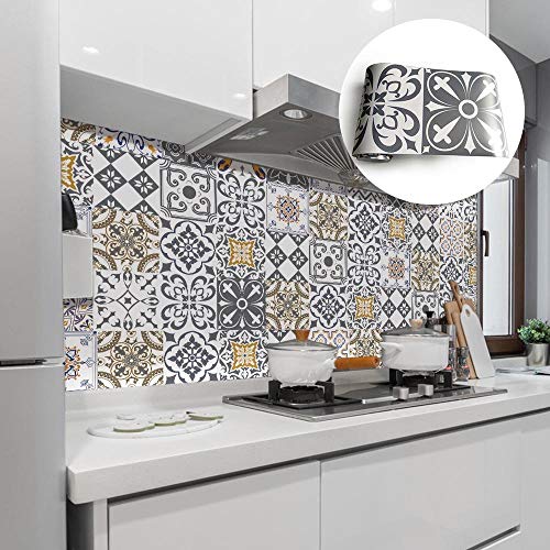 Stick on Tiles Charcoal Gray Beige Tile Stickers PVC Self Adhesive Wall Tiles Heat Resistant Tile Stickers for Kitchen Bathroom Waterproof Peel and Stick Floor Tiles Tile Paint 20x500cm