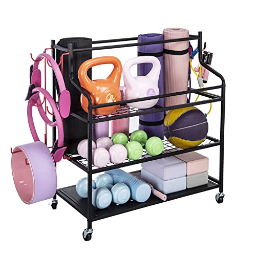Qusimi Yoga Mat Equip Storage Rack On Wheel, Dumbbells Kettlebells Workout Storage Weight Rack Cart,Large Home Gym Equipment Multi-Use Storage Rack Holder Organizer #TOP3