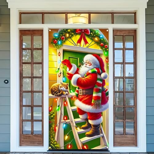 Image of BlissYard Christmas Door Cover Santa Ladder Cat 35x71 Inch Polyester