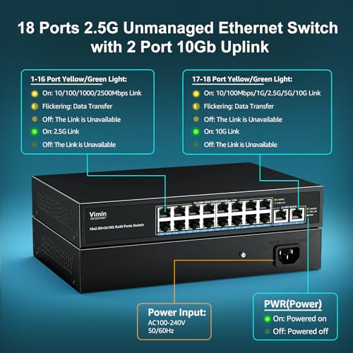 Image of 18-Port 2.5G Ethernet Switch with Dual 10GBASE-T Port, Vimin 16X 2.5G +2 x 10Gb RJ45 Ports Unmanaged Switch, 120Gbps Capacity, 2.5G /10G Switch Desktop /Wall Mount Network Switch for NAS, PC, AP
