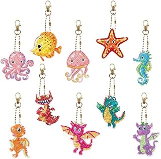 10 Pcs DIY Diamond Art Painting Keychains, Sea Animal & Cute Dinosaur Diamond Painting Keyring Kit for Kids DIY Crafts, 5D Diamond Art Painting Keychain Charms Pendants for Keys Bags Purse Handbag